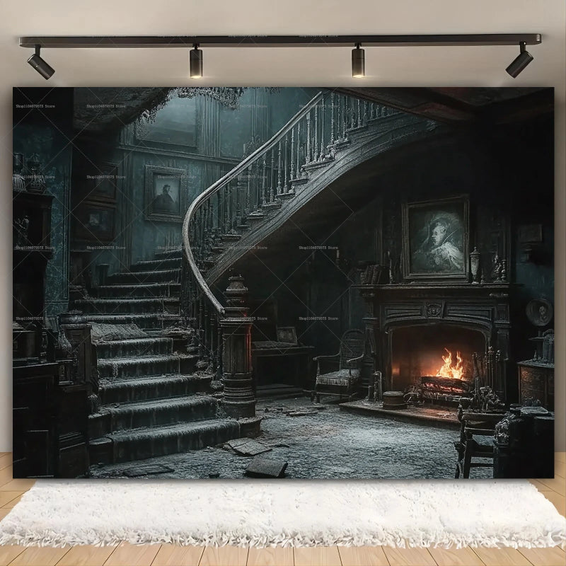Dark, moody interior with staircase, fireplace, and ornate decor.