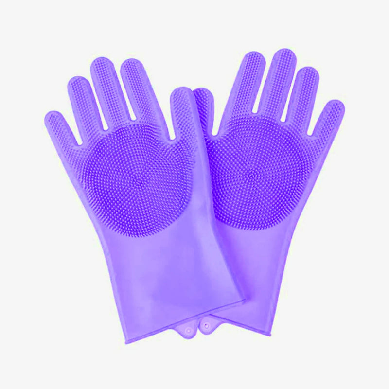 Purple gloves with silicone scrubbers on a white background