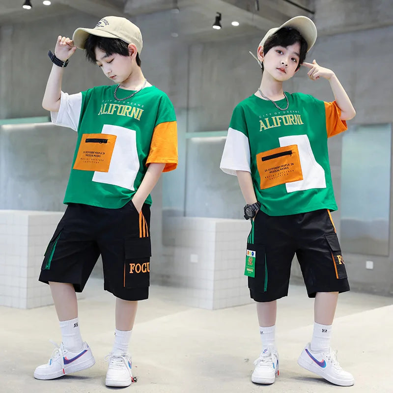 T-shirt plus shorts 4 - 14 Years. -black green 2