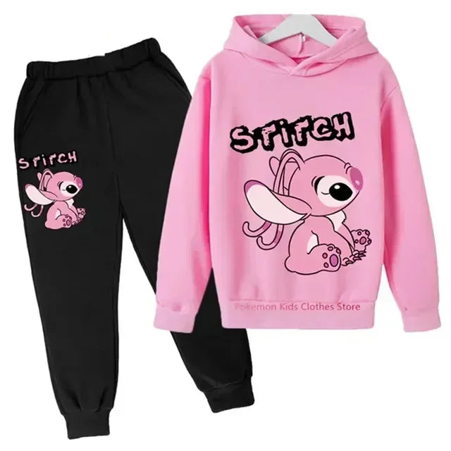 Children’s Minnie Mouse hoodie and pants set for boys and girls, cozy long sleeve outfit. pink black stitch