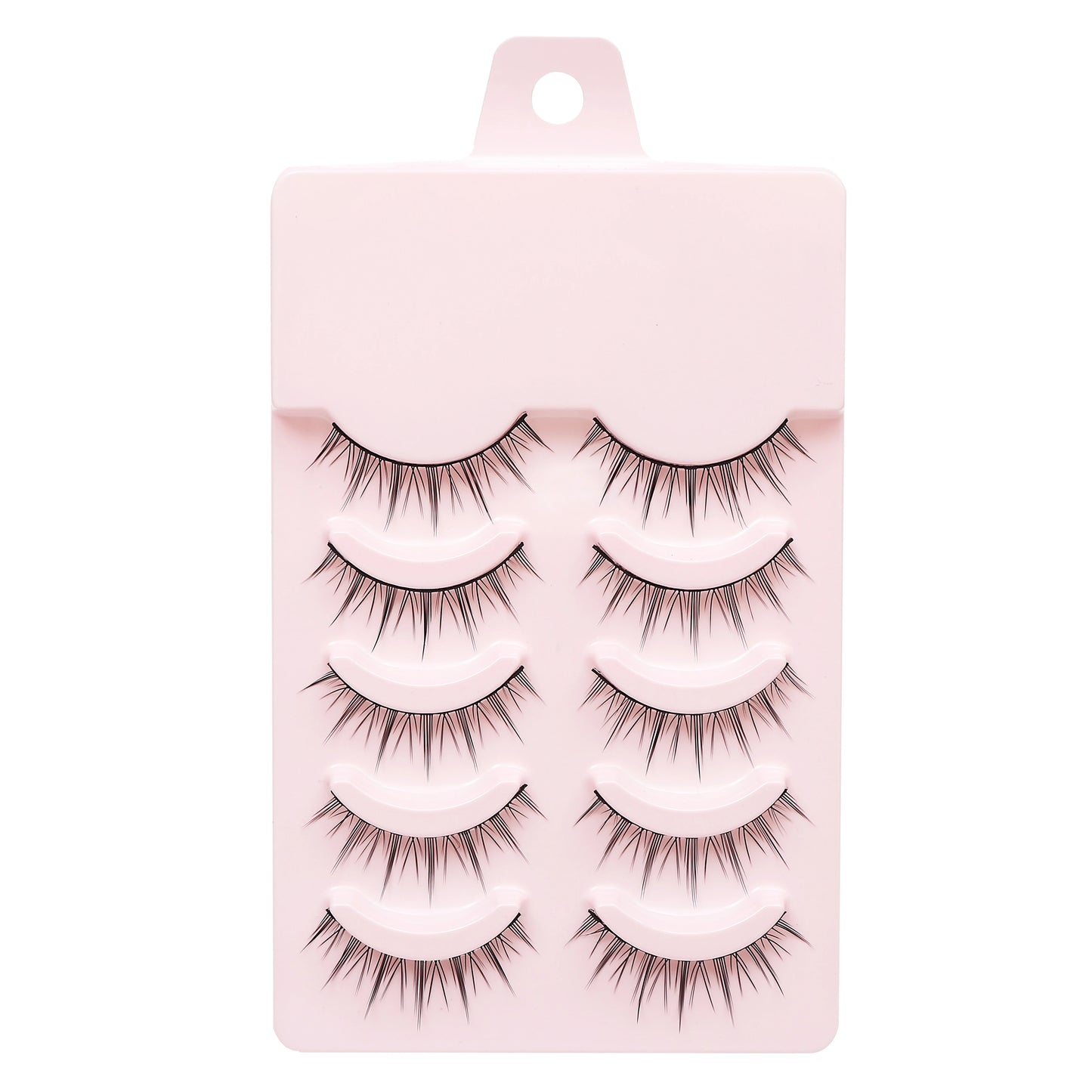 Set of false eyelashes on a pink card with a hook, against a white background