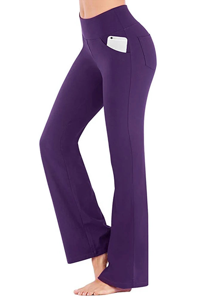 Women’s elegant high-waisted palazzo trousers with wide flared legs, designed for professional or formal wear purple