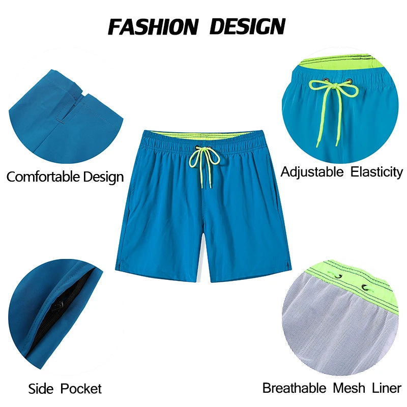 Blue shorts with adjustable elasticity, side pocket, and breathable mesh liner on a white background.