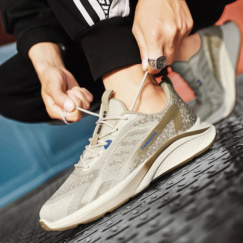 Lightweight men's mesh lace-up sneakers in casual style, breathable vulcanized shoes for walking or everyday wear - khaki