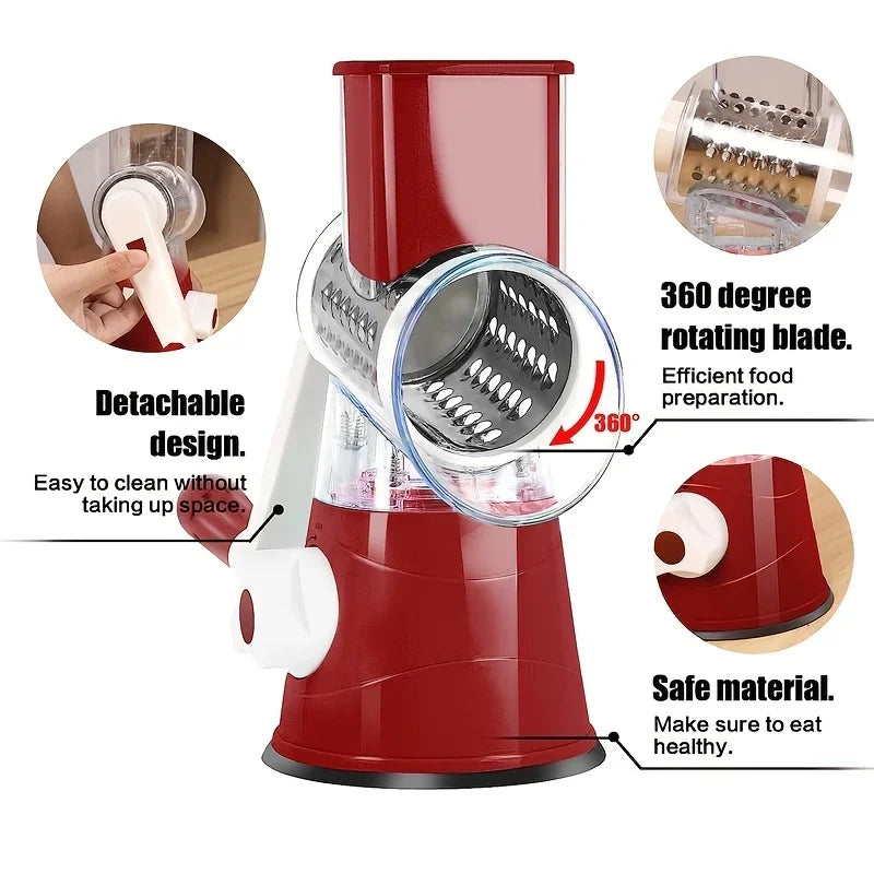 Manual vegetable cutter and slicer with 3 sharp drums for cheese, garlic, potato, multifunctional kitchen chopper shredder machine safe material