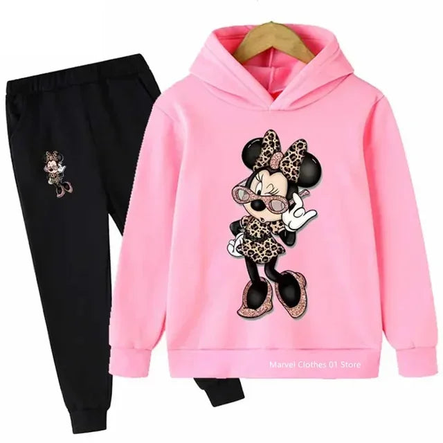 Children’s Minnie Mouse hoodie and pants set for boys and girls, cozy long sleeve outfit black pink 2