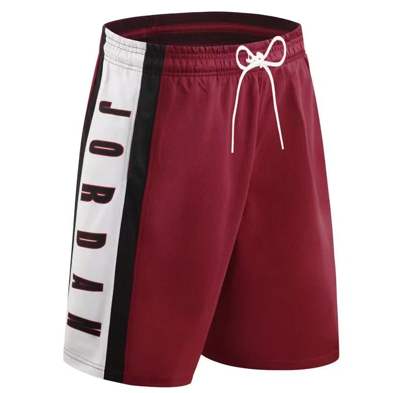 Maroon shorts with a white and black stripe featuring 'JORDAN' on a white background