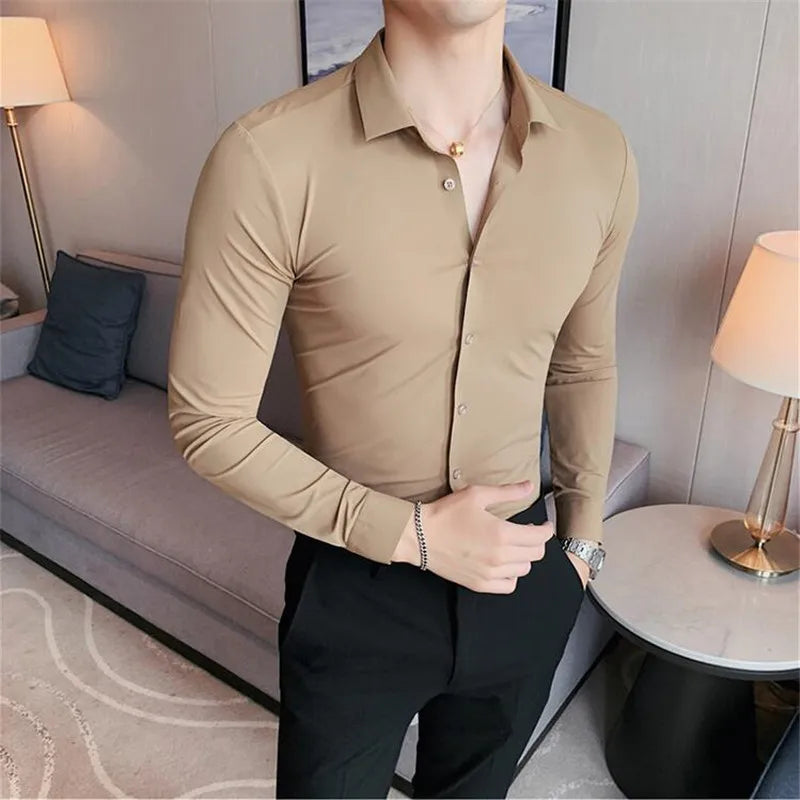 Plus size men’s seamless long sleeve slim fit shirt in high elasticity fabric, available from M to 4XL, suitable for casual and formal occasions. - 6