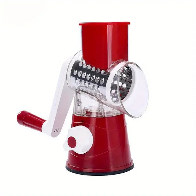Manual vegetable cutter and slicer with 3 sharp drums for cheese, garlic, potato, multifunctional kitchen chopper shredder machine red