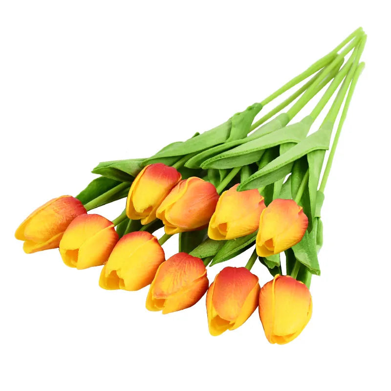 10PCS real touch artificial tulip flower bouquet for wedding, home, or garden decoration-Yellow and orange