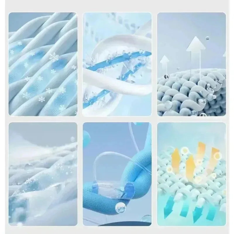 Collage of six blue and white illustrations on a light blue background