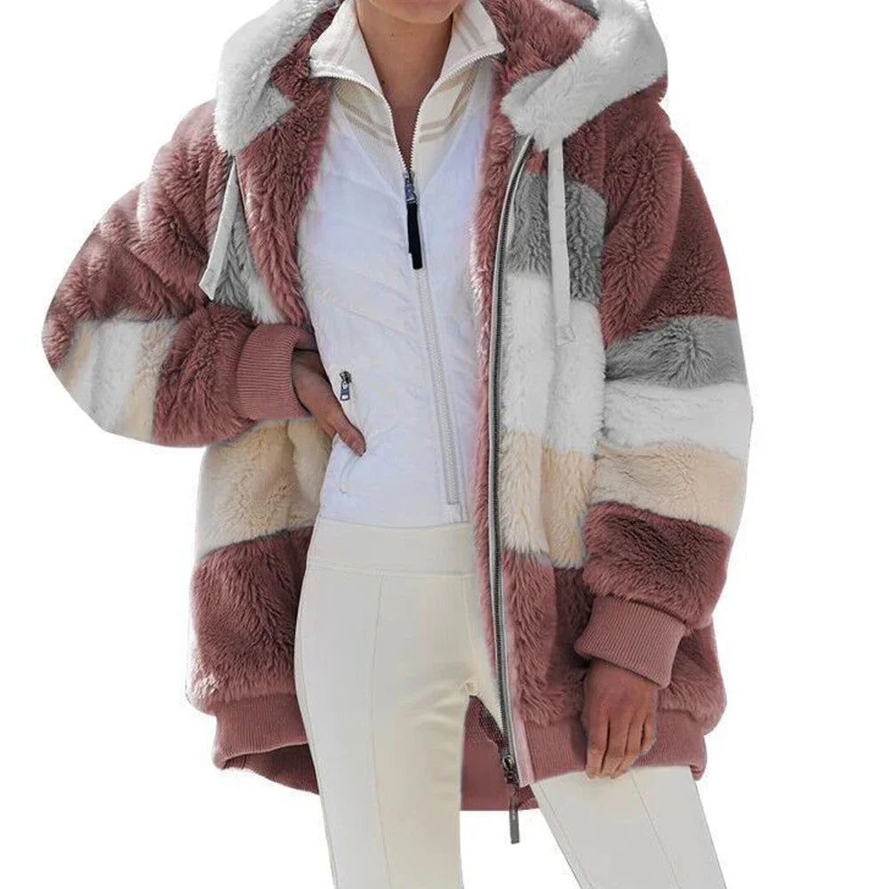 Faith Winter Fashion Women's Hooded Thick Cashmere Coat with Plaid Stitching- 2nd. burgundy