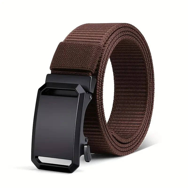 Men’s tactical nylon belt with automatic metal buckle for work and sport -  Brown