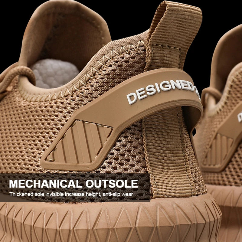 Men’s breathable knit lace-up sneakers with non-slip sole on outdoor trail brown back