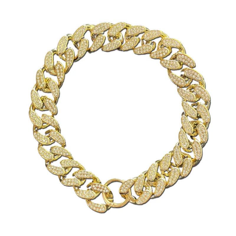 Golden ABS plastic dog collar with diamond inlay sparkle, chain design, suitable for small to large dogs and cats, stylish pet accessory.- 07