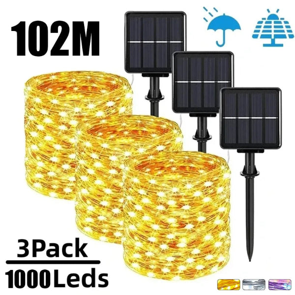 Extra-long solar string lights 3 pack with 1000 waterproof LED fairy lights on copper wire, 8 lighting modes for outdoor user - 1
