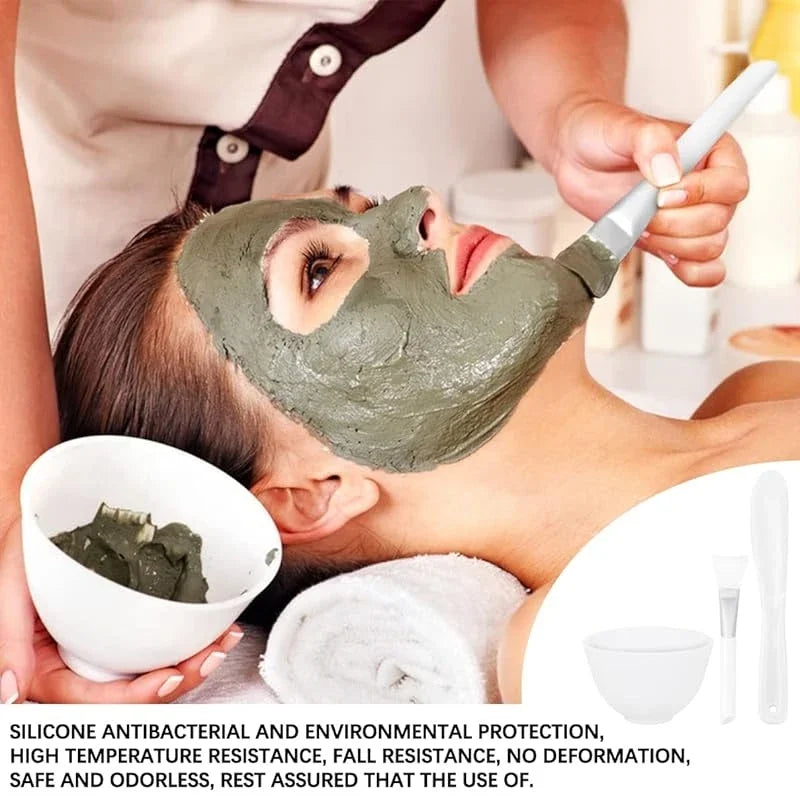 Person receiving a green facial mask treatment with text about silicone properties.