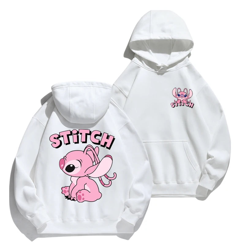 Loose fit Stitch cartoon hoodie with anime design, cozy for autumn/winter, perfect for couples or fans of cute American-style hoodies white pink stitch