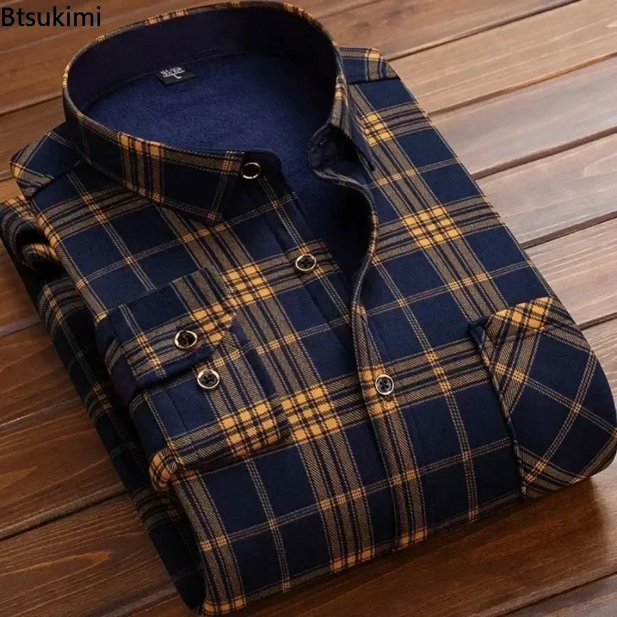 2024 men's thick warm plaid shirt with long sleeves in large 4XL size -blue and orange