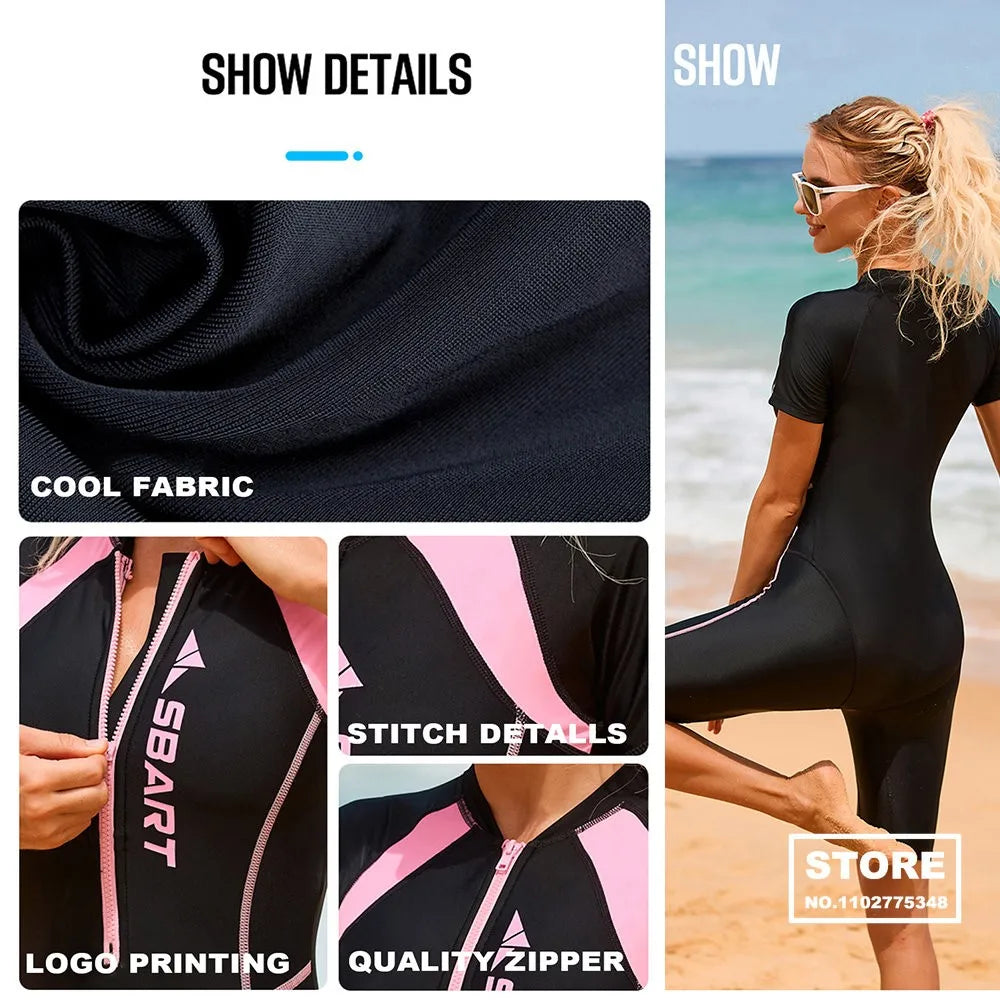 Woman in a black swimsuit on a beach with fabric, stitching, logo, and zipper details shown.