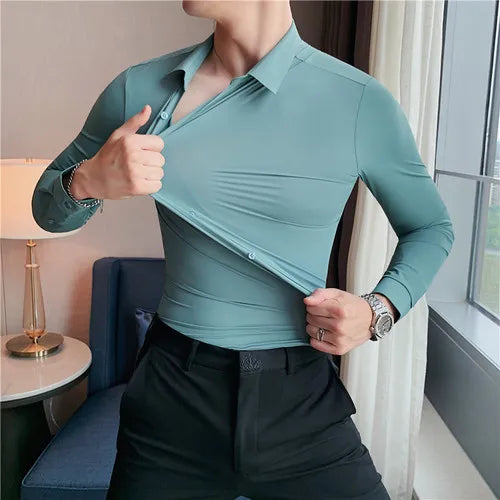 Plus size men’s seamless long sleeve slim fit shirt in high elasticity fabric, available from M to 4XL, suitable for casual and formal occasions. - 9