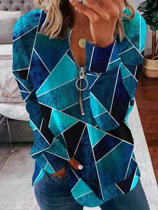Women's Y2K oversized zip-up hoodie with geometric star pattern and crewneck design - dark blue