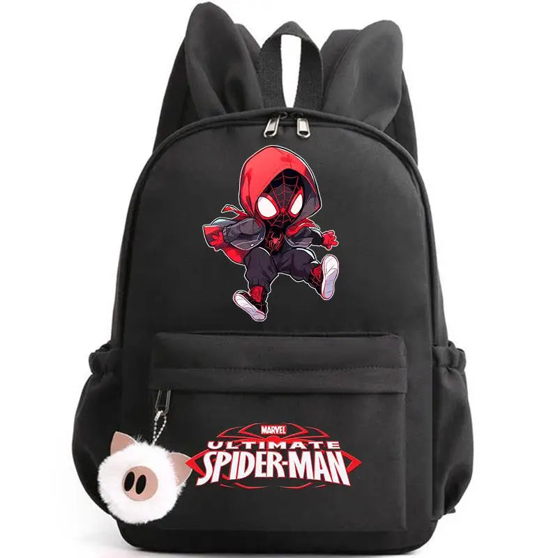 Black backpack with Spider-Man design and Marvel logo on a white background
