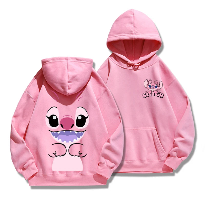 Loose fit Stitch cartoon hoodie with anime design, cozy for autumn/winter, perfect for couples or fans of cute American-style hoodies pink and pink stitch