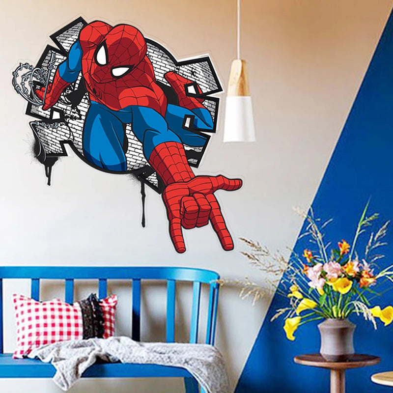 Spider-Man wall decal in a room with a blue bench and floral arrangement.