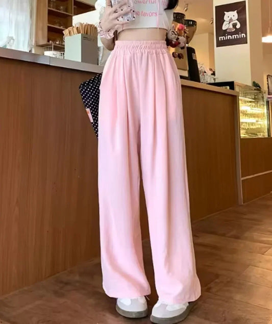 Women’s ankle‑length ice silk wide‑leg pants with elastic waist in solid color pink
