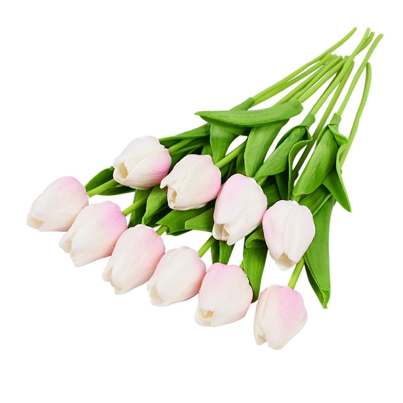 10PCS real touch artificial tulip flower bouquet for wedding, home, or garden decoration-white and pink
