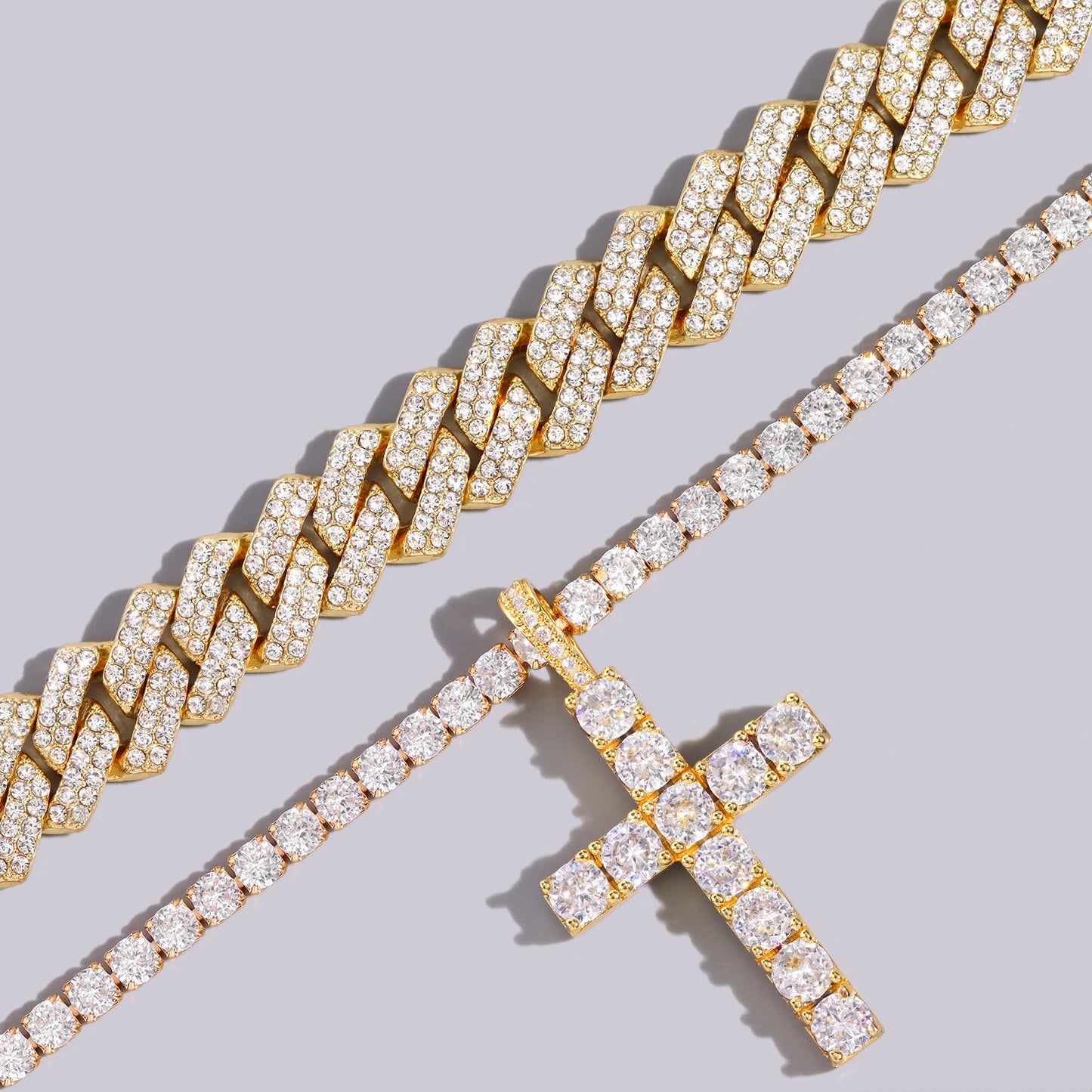 2pcs iced out hip hop Cuban chain and cross tennis necklace for men and women  - gold color