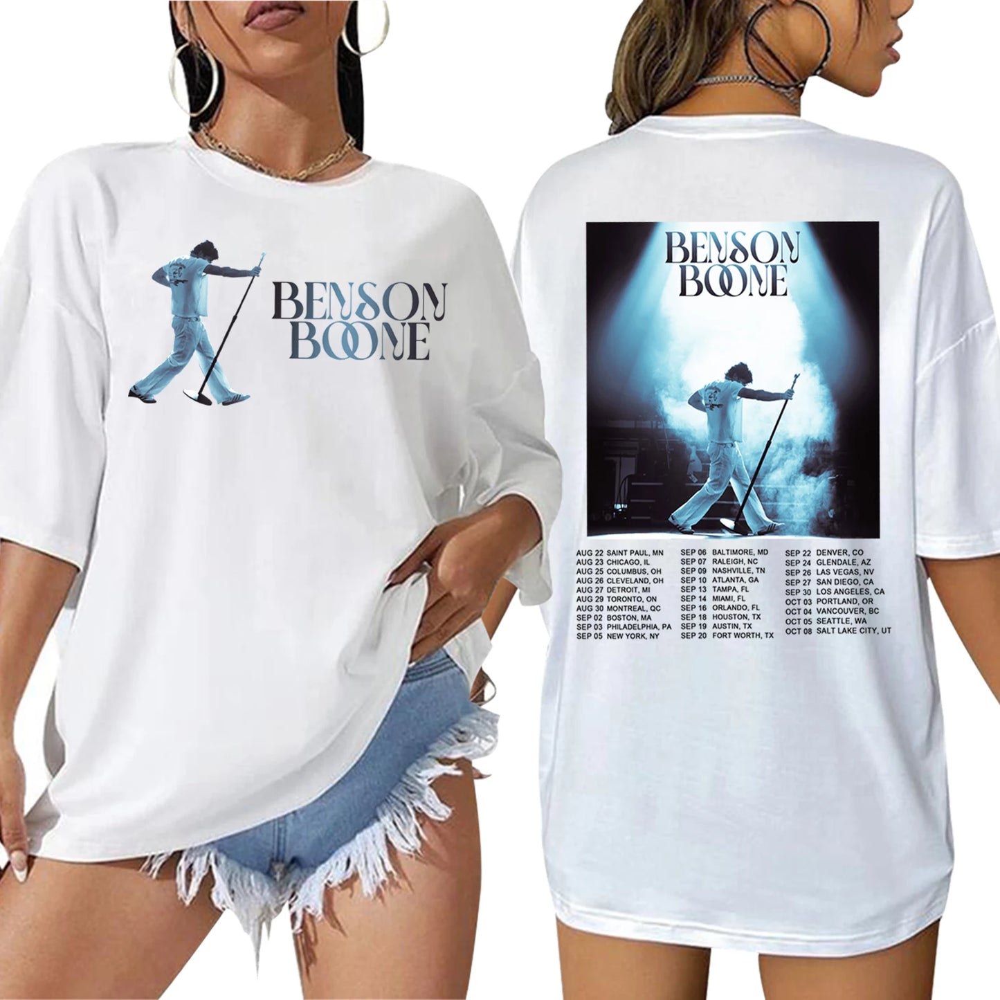 White t-shirt with 'Benson Boone' graphic on front and back, worn by a person.