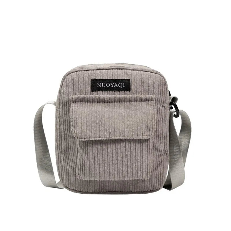 Striped corduroy fabric shoulder bag with zipper and crossbody strap, casual canvas tote for women beige 3