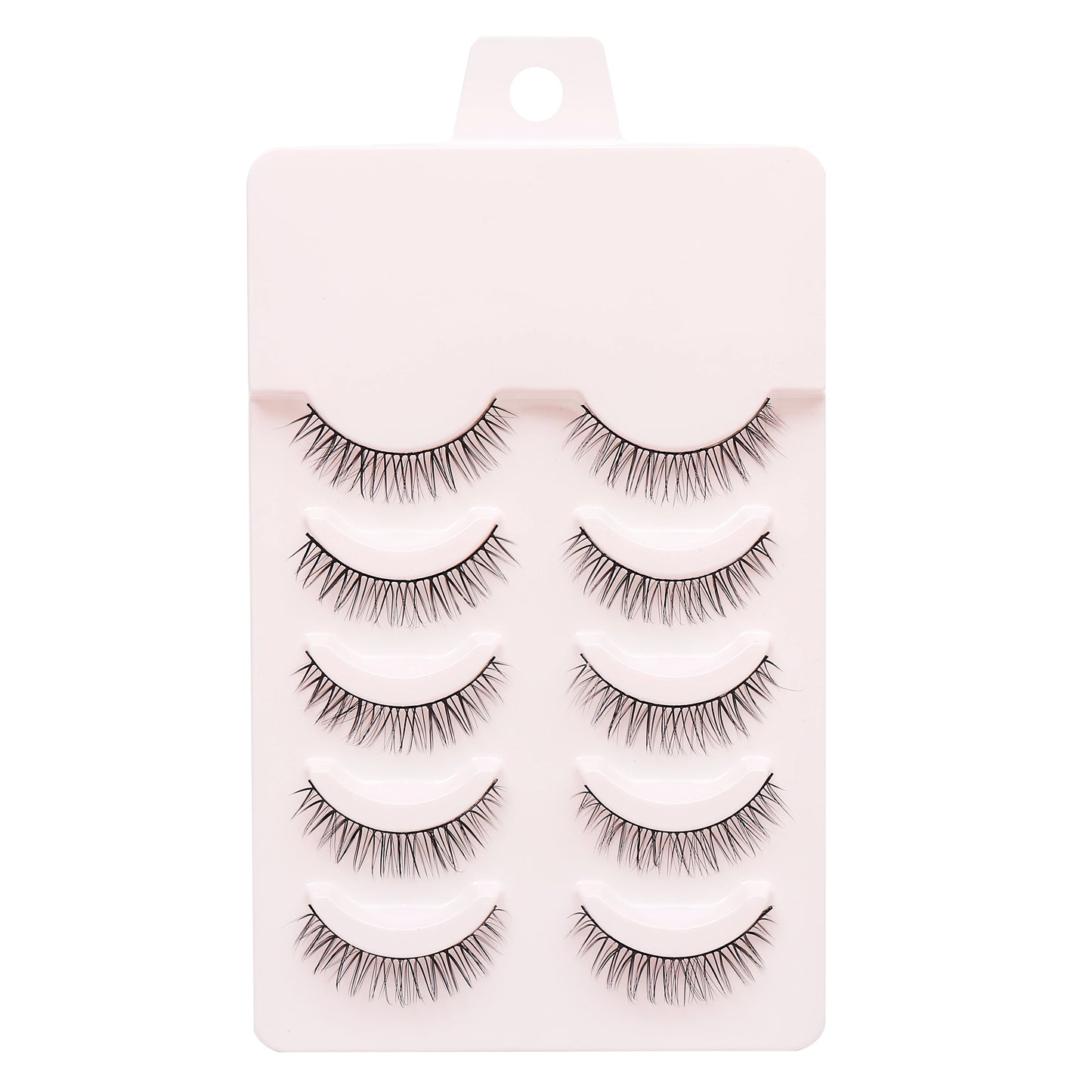 Set of false eyelashes on a pink card with a white background