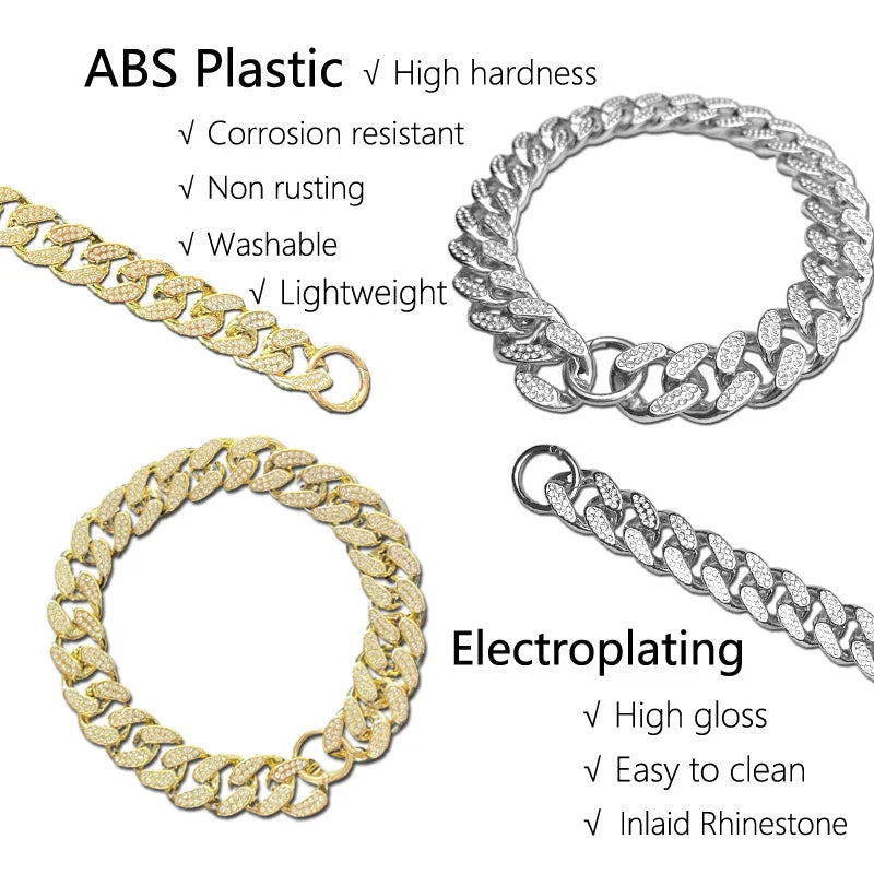 Golden ABS plastic dog collar with diamond inlay sparkle, chain design, suitable for small to large dogs and cats, stylish pet accessory. Collar Chain Diamond Inlay Sparkle - 02