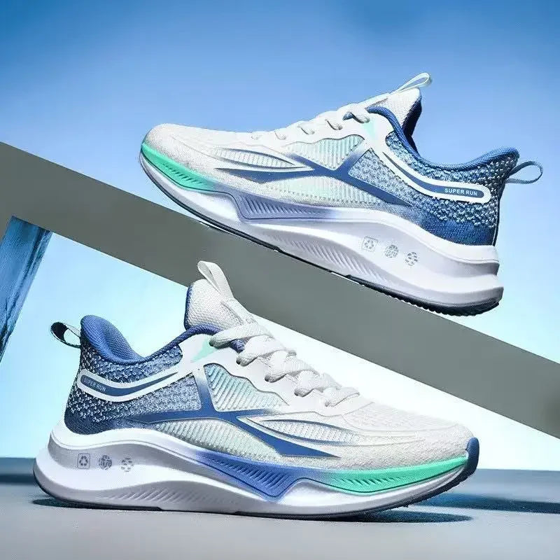 Pair of white and blue running shoes on a gradient background