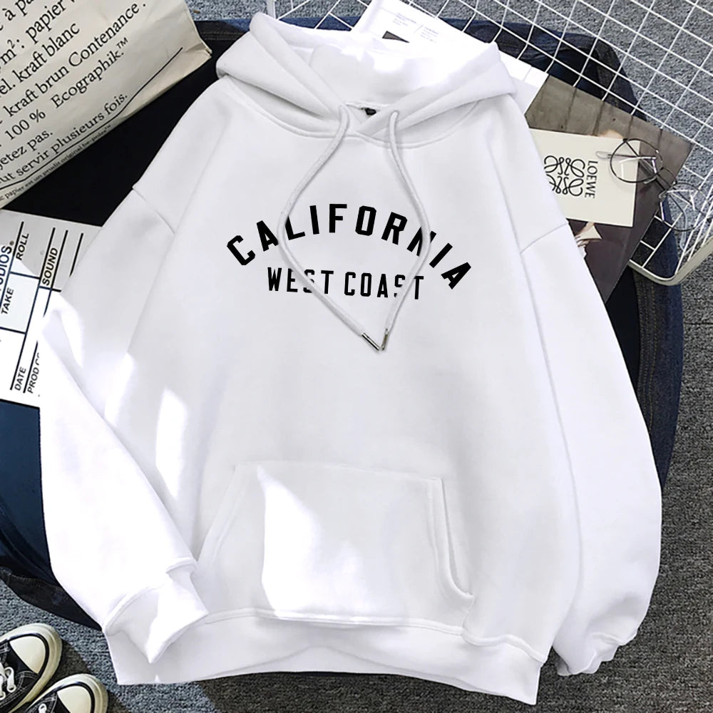 Women's California West Coast loose hoodie with creative pattern and fleece lining -white