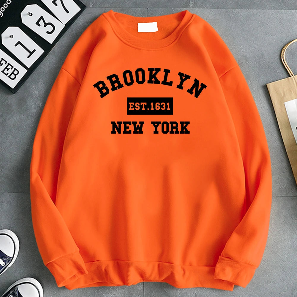 Women's Brooklyn 1631 letter print hoodie in soft fleece, gray pullover - orange