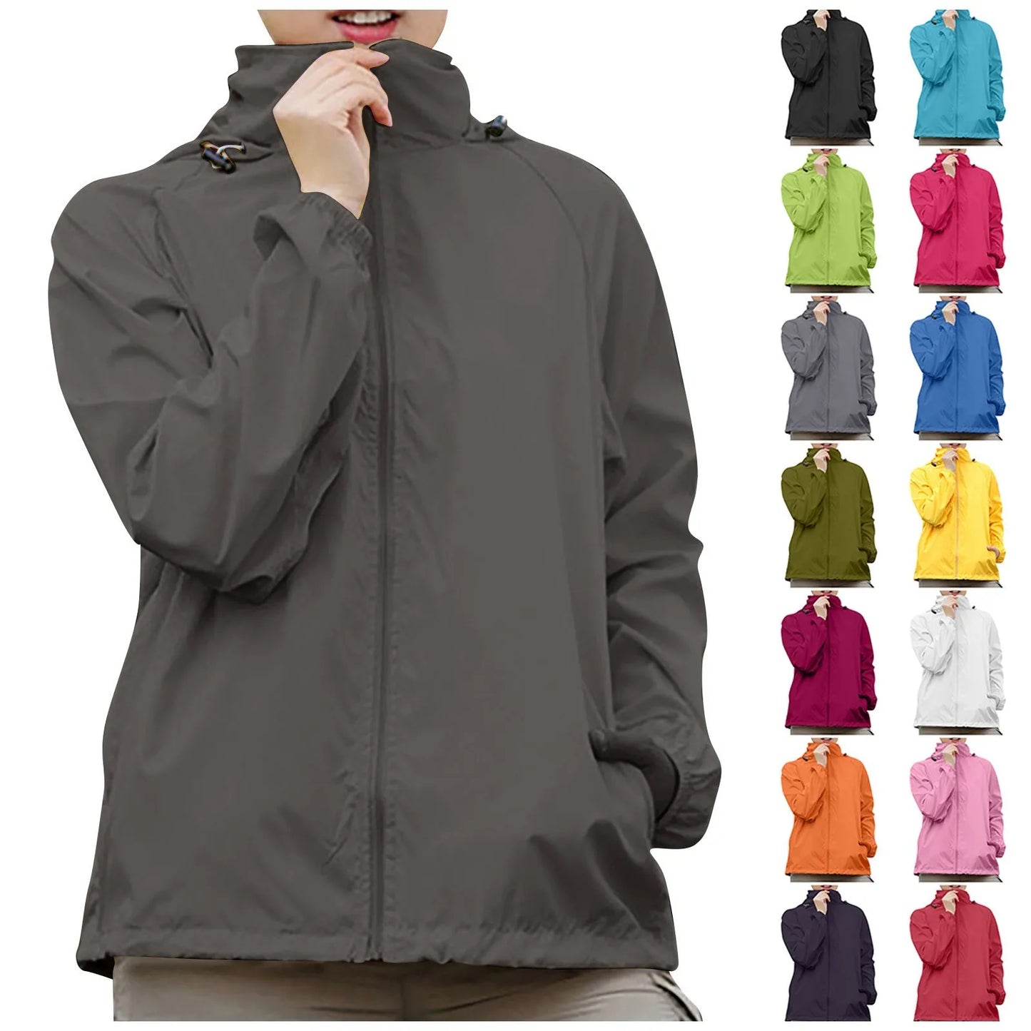 Person wearing a gray jacket with color options displayed in the corner.