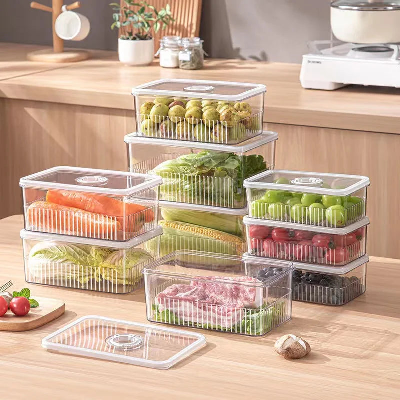 Transparent fridge food storage container for fruits, vegetables, and kitchen organization. 60