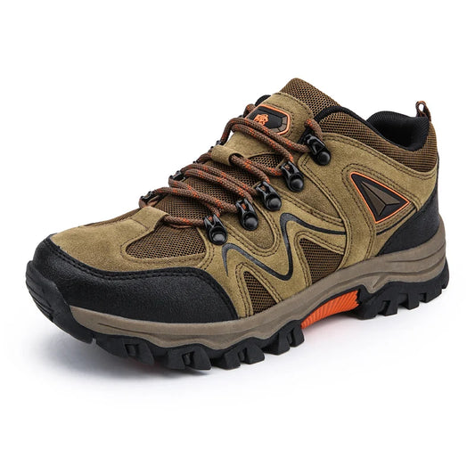 Brown hiking shoe with black sole on a white background
