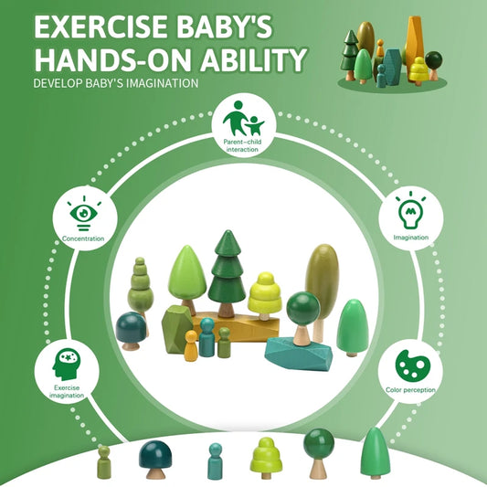 Wooden toys with trees and people on a green background, promoting baby interaction and development.