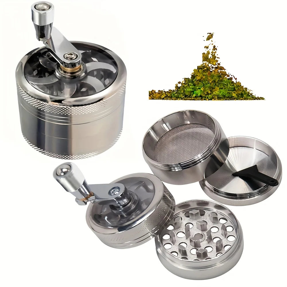 Metal grinder with mesh top and detailed interior, surrounded by cannabis leaves on a white background.