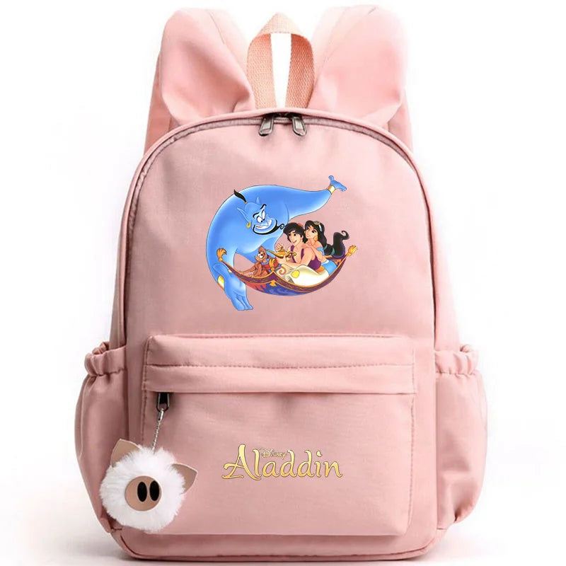 Pink backpack with Aladdin and Genie design on a white background