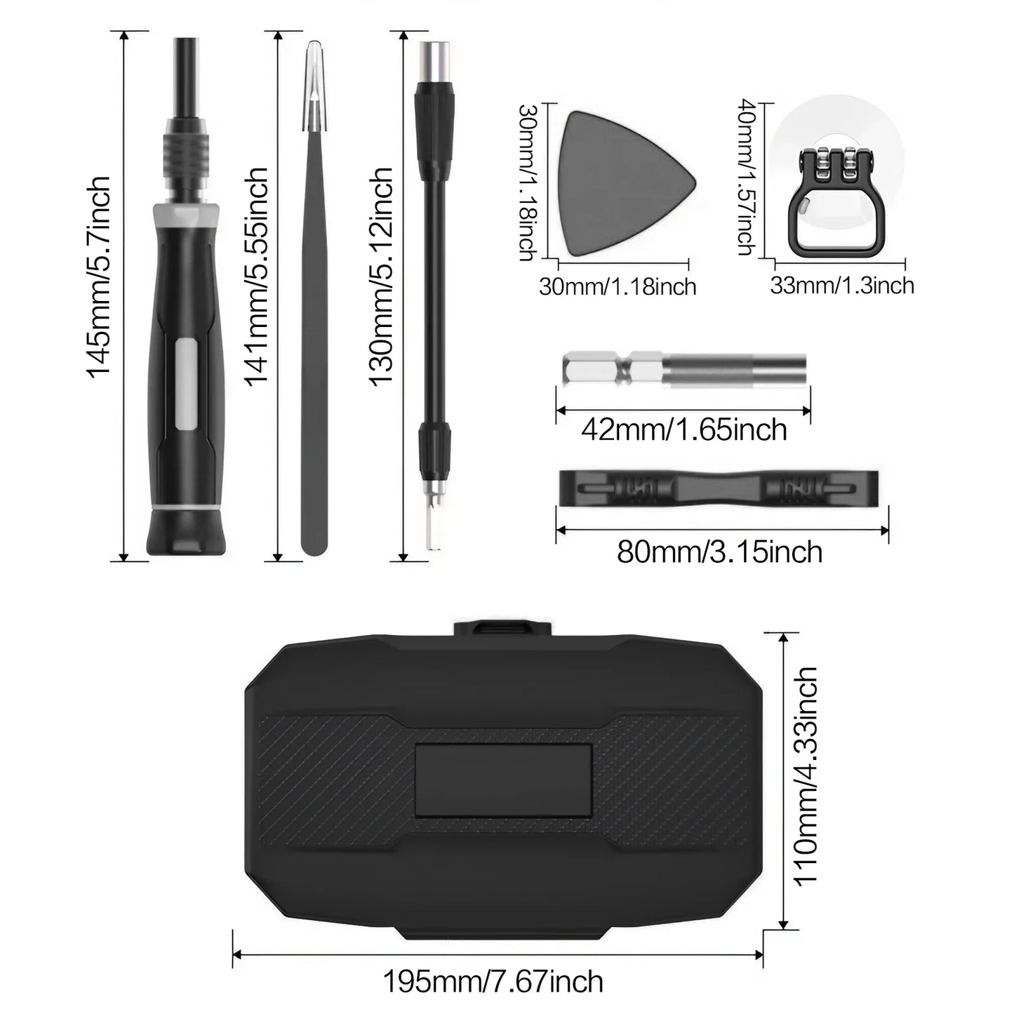 Measurement chart of a black tool set with various components and their dimensions.