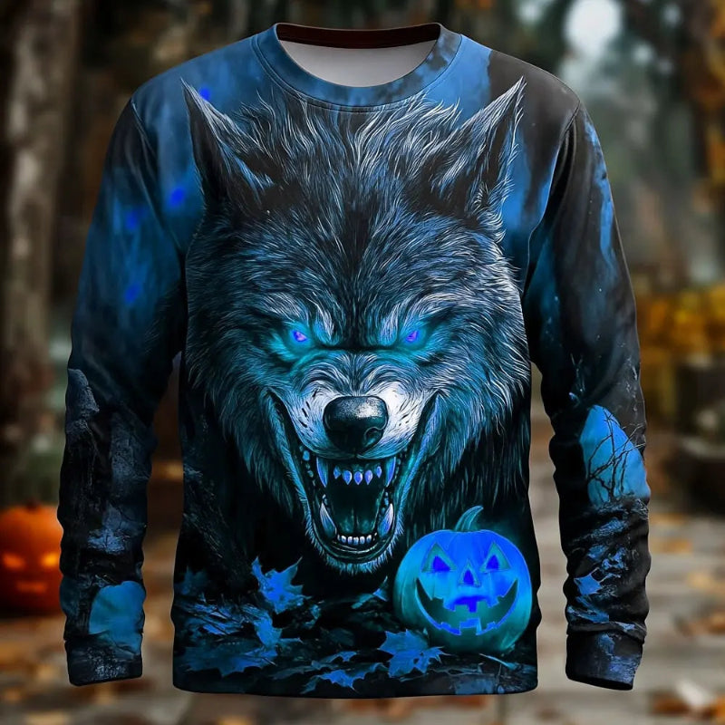 Sweatshirt with a blue wolf and pumpkin design on a blurred Halloween background