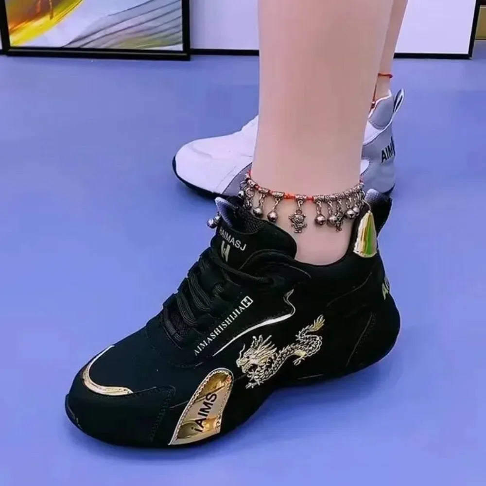 Women’s 2024 designer leather sneakers, lightweight waterproof breathable casual sports platform shoes black and gold