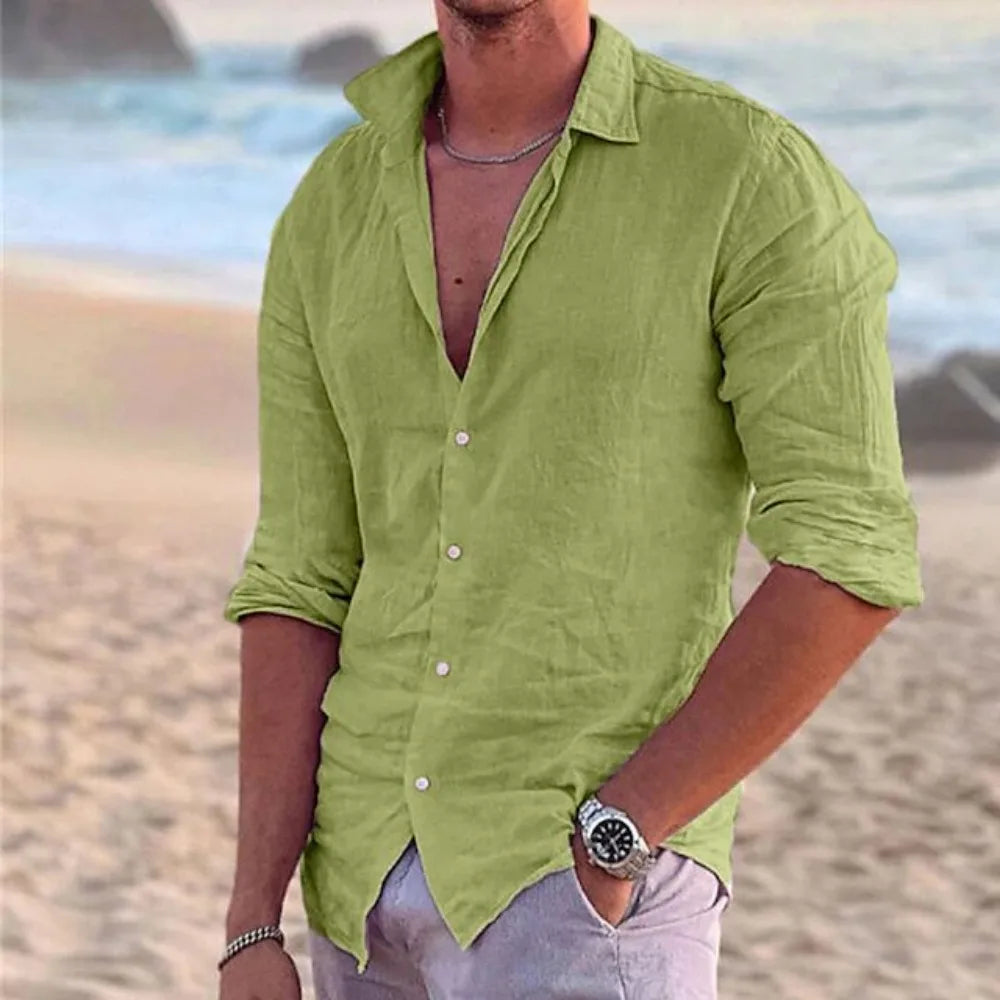 Men’s casual cotton linen polo neck long sleeve shirt in solid color, perfect for beach and holiday wear, lightweight and breathable fabric.-5