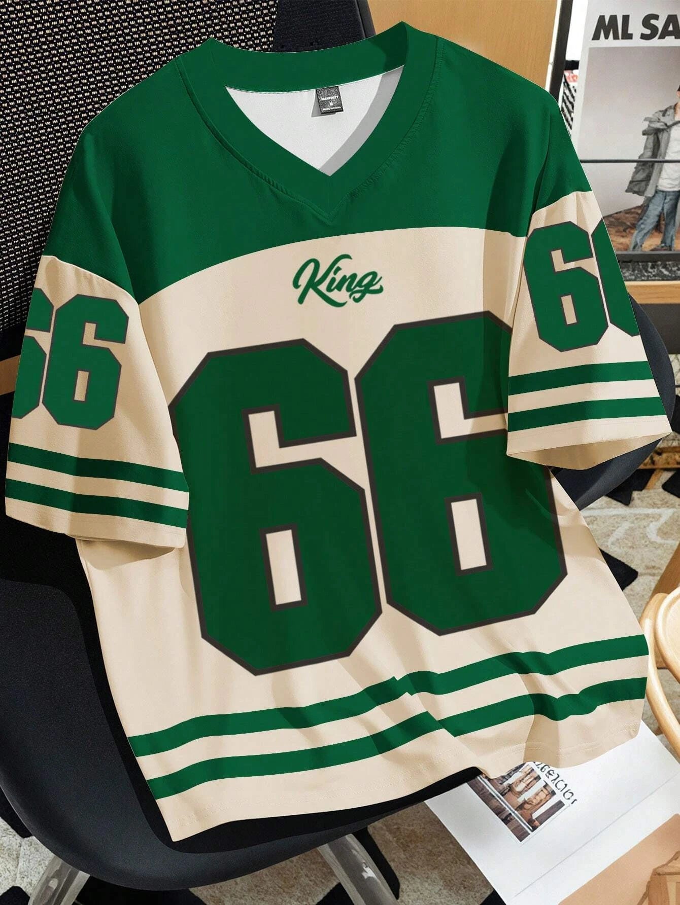 Women Clothing No.66 V-neck Football Jersey -green and beige